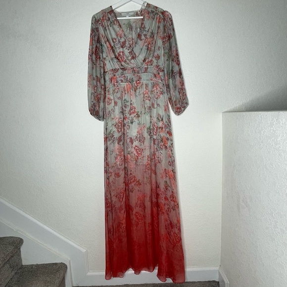 Guess Silk Blend Floral Maxi Sheer Dress Size M V Neckline Multicolor Half Lined - Picture 1 of 13